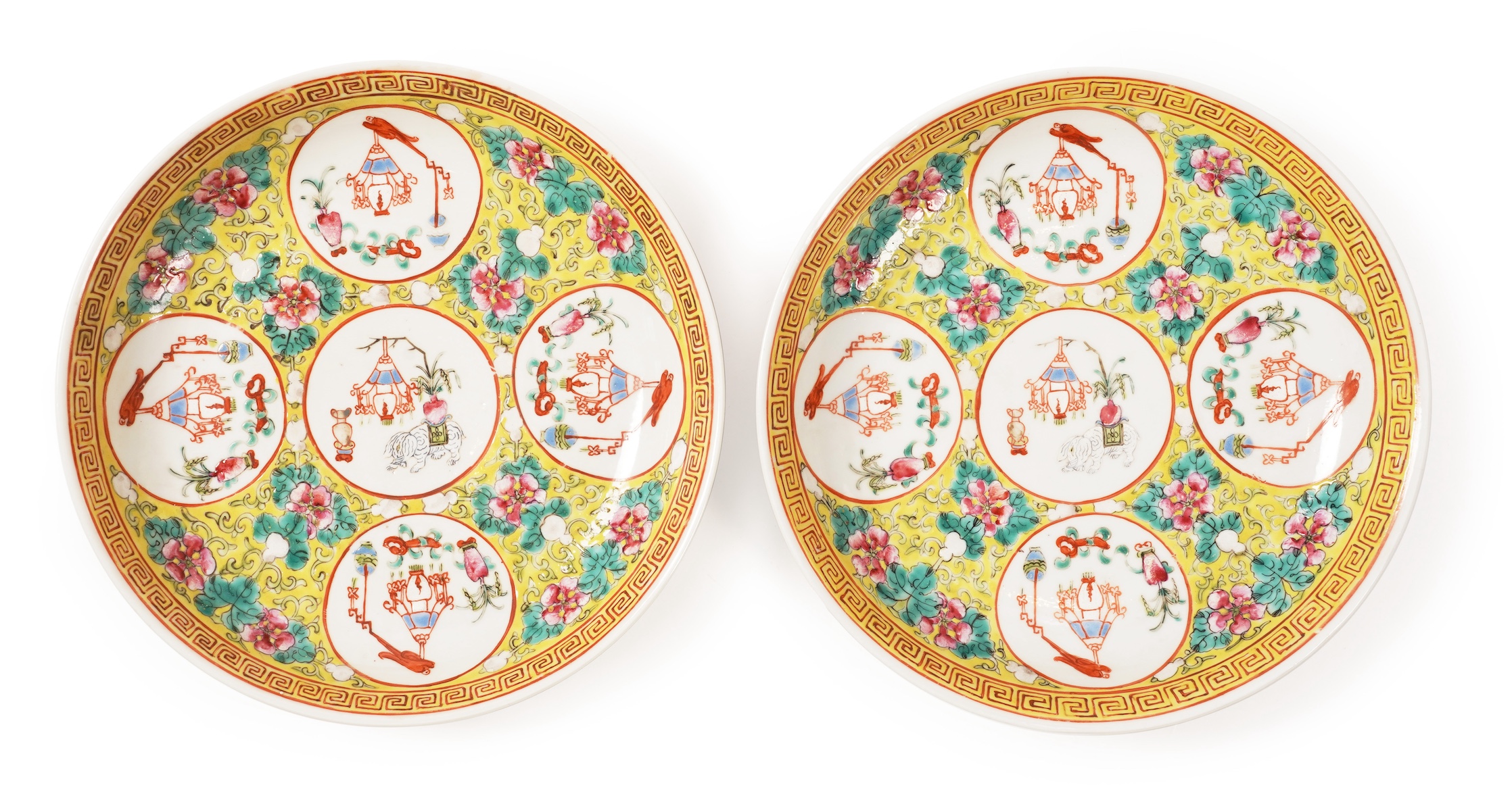 A pair of Chinese yellow ground medallion saucer dishes, Guangxu six character marks, early 20th century